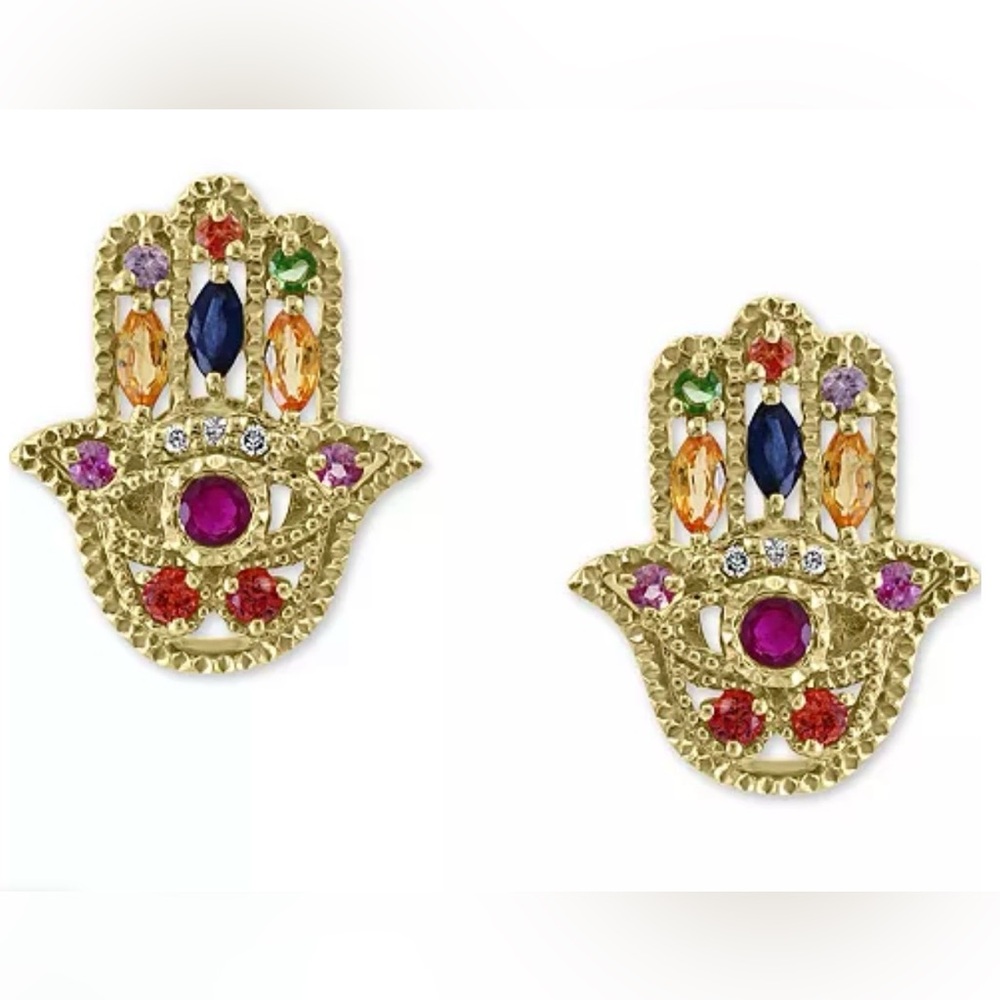 EFFY Collection Multi-Sapphire Diamond Accent Hamsa Hand Stud Earrings 14k